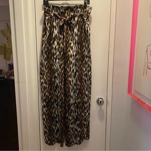L’Agance Silk Leopard Wide Leg Paper Bag Tie Waist Pants | Size 10